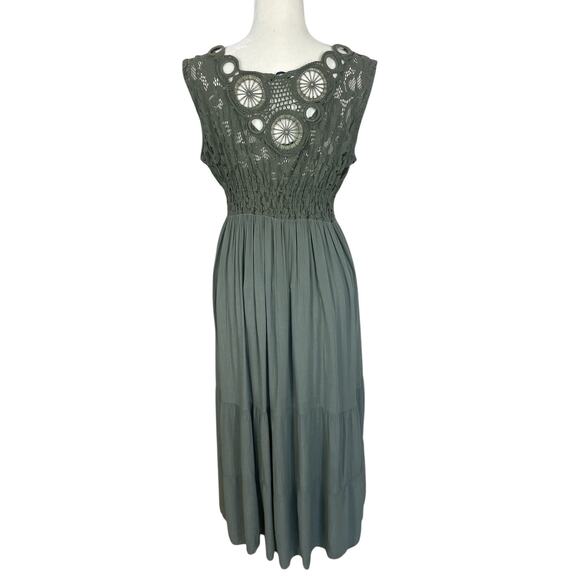 Tempo Paris Lace Crochet Fit & Flare Midi Dress Green Sz M/L Boho Romantic Chic - Picture 5 of 12